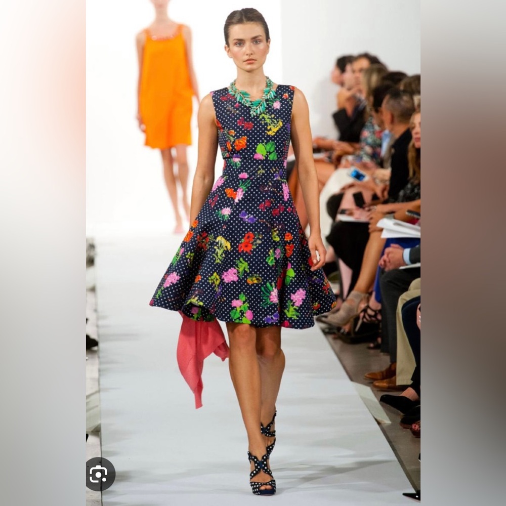 Oscar de la Renta Navy Porka dot& Flower Print Dress